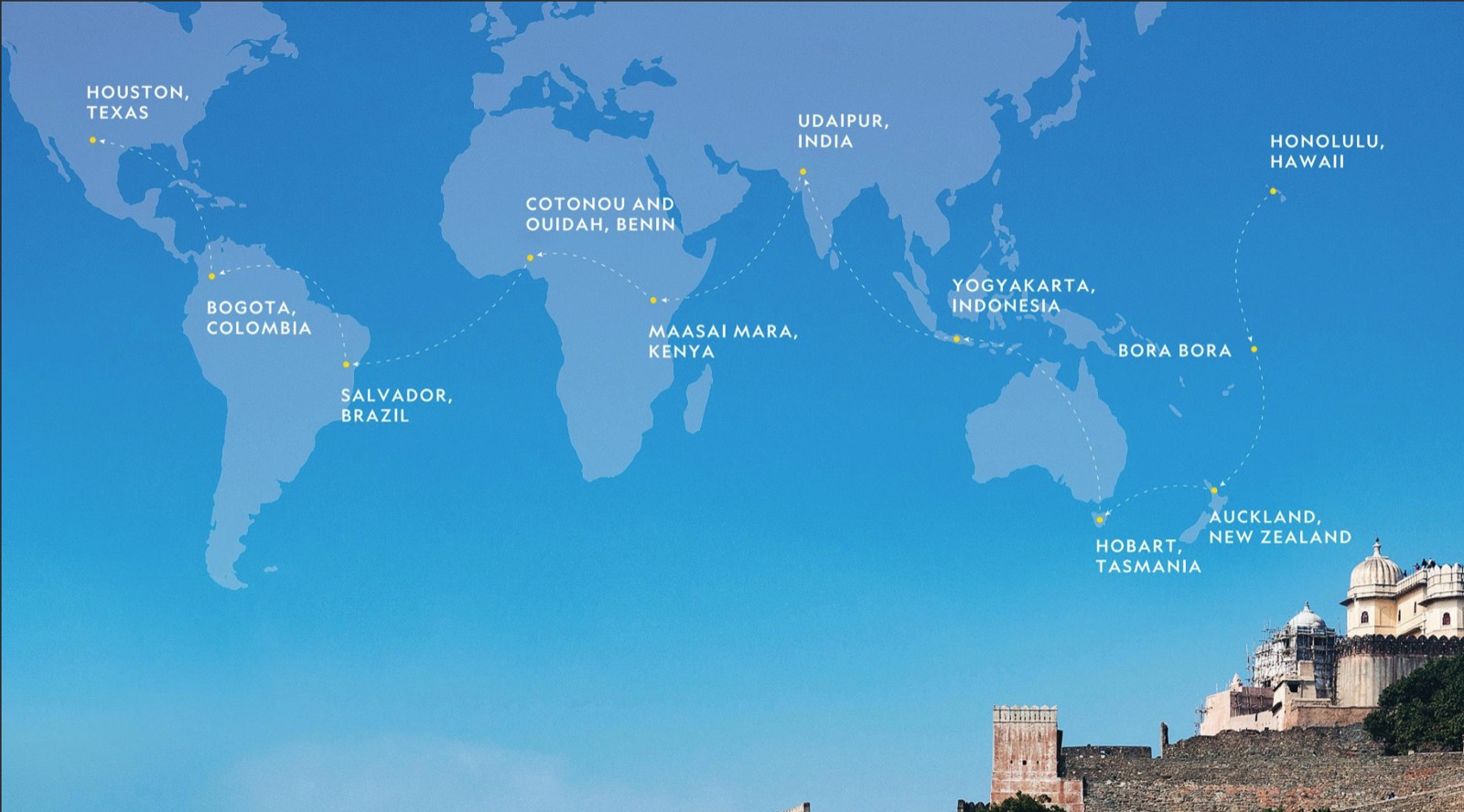 A blue route map tracing an Atlantic crossing by private jet