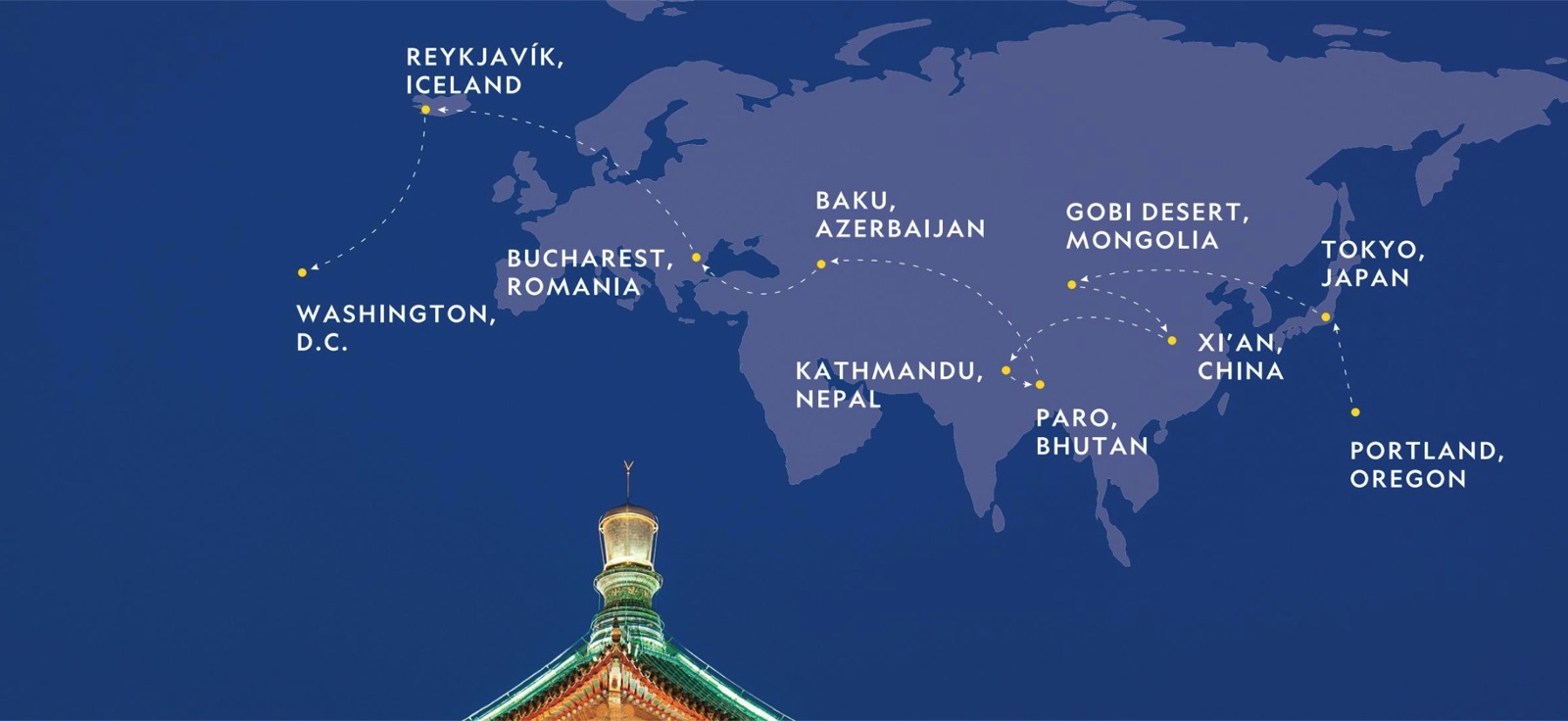 An illuminated pagoda beneath a route map of Eurasia at night